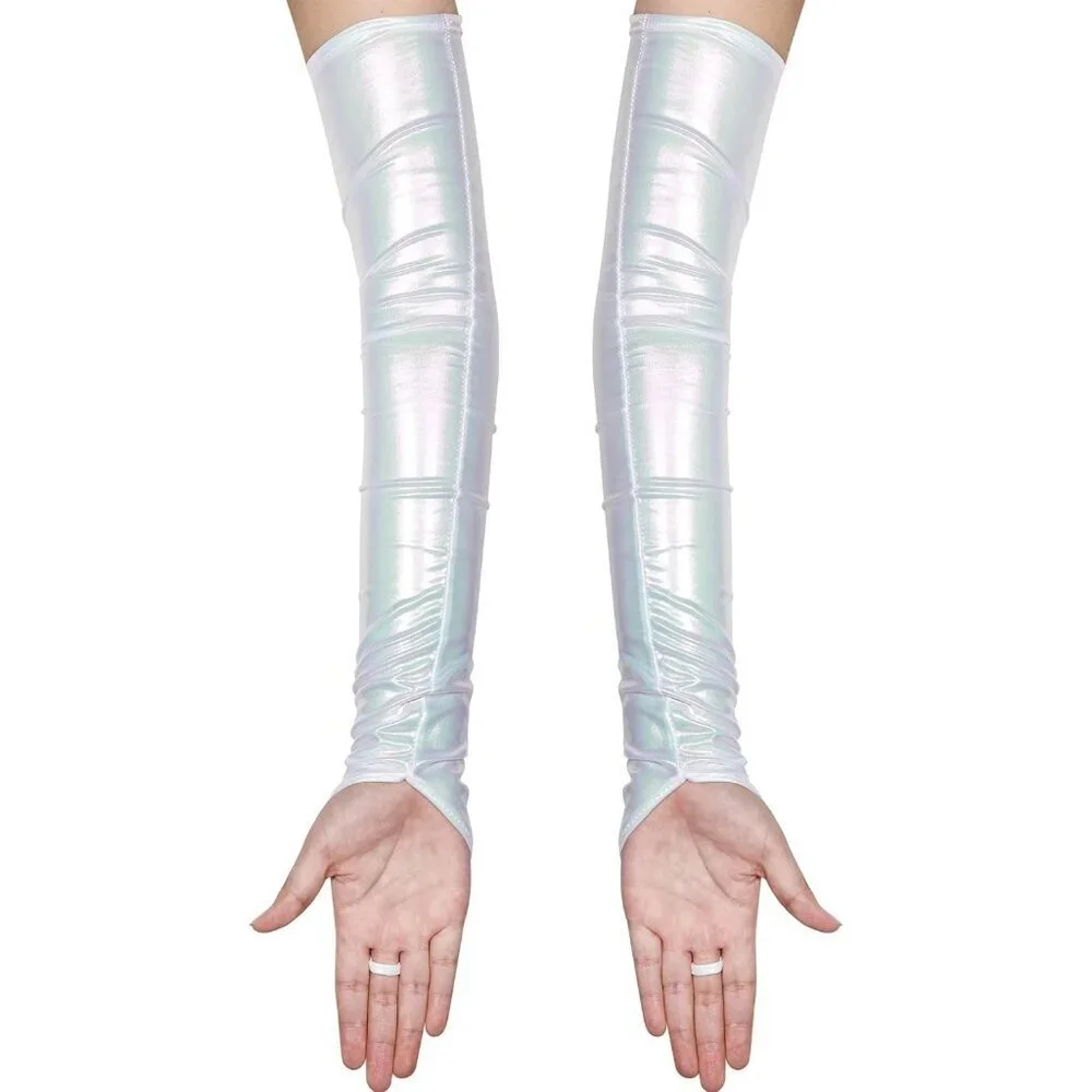 Women's White Shiny Elastic Satin Rave Fingerless Long Gloves Party Costume